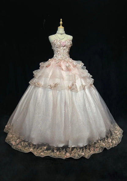 Sweet Ball Gown Spaghetti Strap Tulle With Flowers Sweet 16 Dresses Quinceanera Dress Long 15 Vestidos De Fiesta N4219