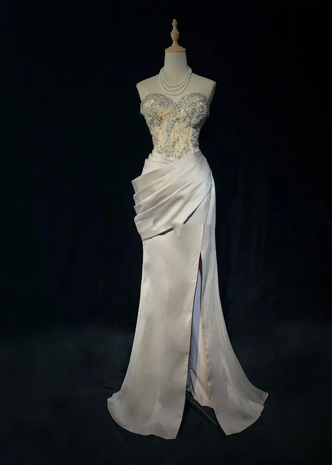 Robes de bal vintage des années 80 sirène bustier gris argenté avec perles tenues de soirée semi-formelles N3638