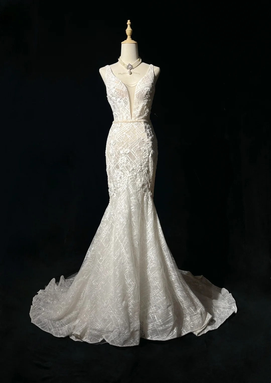 Glitzernde Brautkleider Meerjungfrau V-Ausschnitt Elfenbeinfarbene Spitze Langes Brautkleid Hochzeitskleid N2930