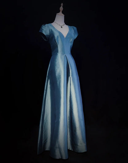 Belles Robes de Bal Coupe A Col en V Satin Bleu Manches Volants Longues Tenues de Soirée N3336