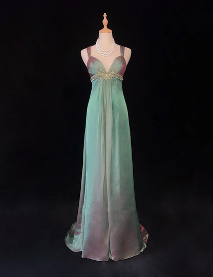 Vintage Ballkleider A-Linie Sweetheart Mit Trägern Grün Chiffon Ärmellos 1990er Lange Formelle Abendkleid N2634