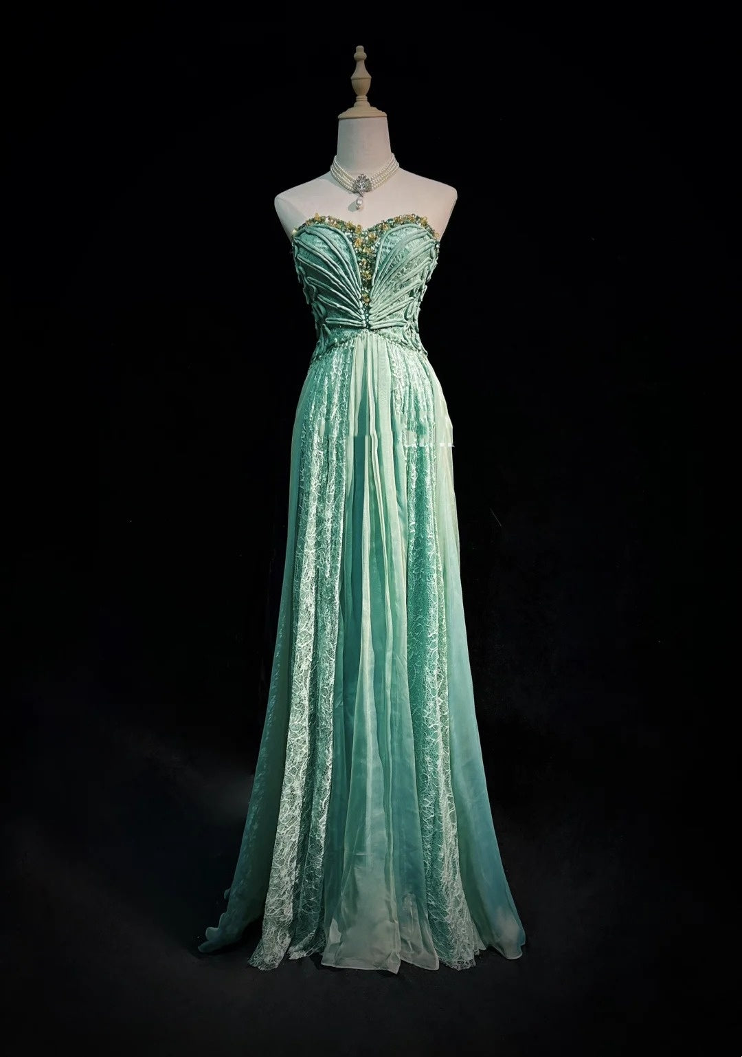 Robe de soirée rétro, robes vintage, bustier coupe A, dentelle verte mousseline perlée, tenues de cérémonie années 90 N2328