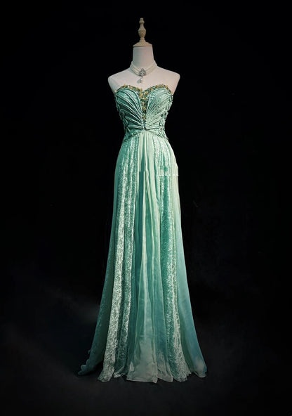 Robe de soirée rétro, robes vintage, bustier coupe A, dentelle verte mousseline perlée, tenues de cérémonie années 90 N2328