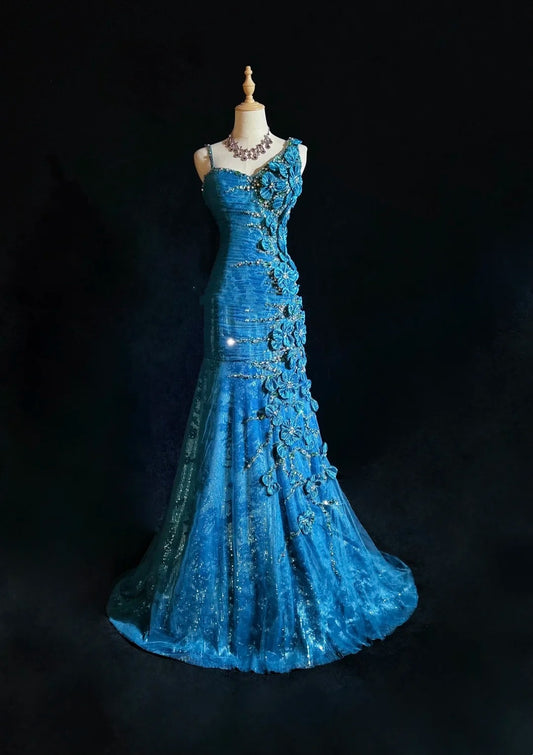 Vintage 1980s Prom Dresses Mermaid Irregular Shoulder Strap Royal Blue Sequin Long Formal Party Dress N2537