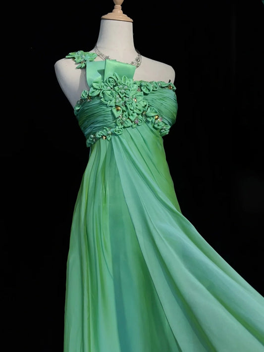 Exquisite Prom Dresses A Line One Shoulder Green Chiffon With Flowers Long Formal Dress N2889