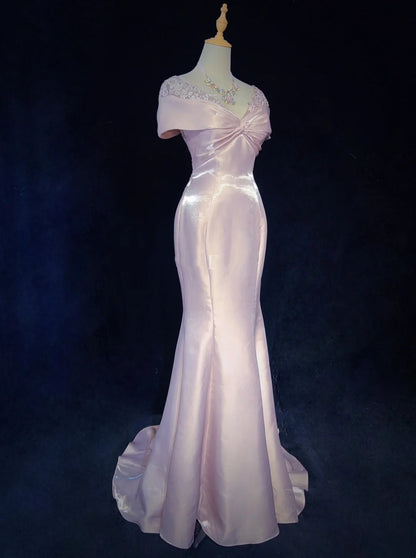 Vintage Abschlussballkleider Inspo Meerjungfrau schulterfrei rosa Satin 80er mit Spitze Abendkleider N3374