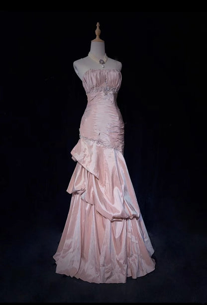 Robes de bal vintage sirène à fines bretelles en taffetas rose clair avec perles argentées années 50 longue robe de soirée N2597
