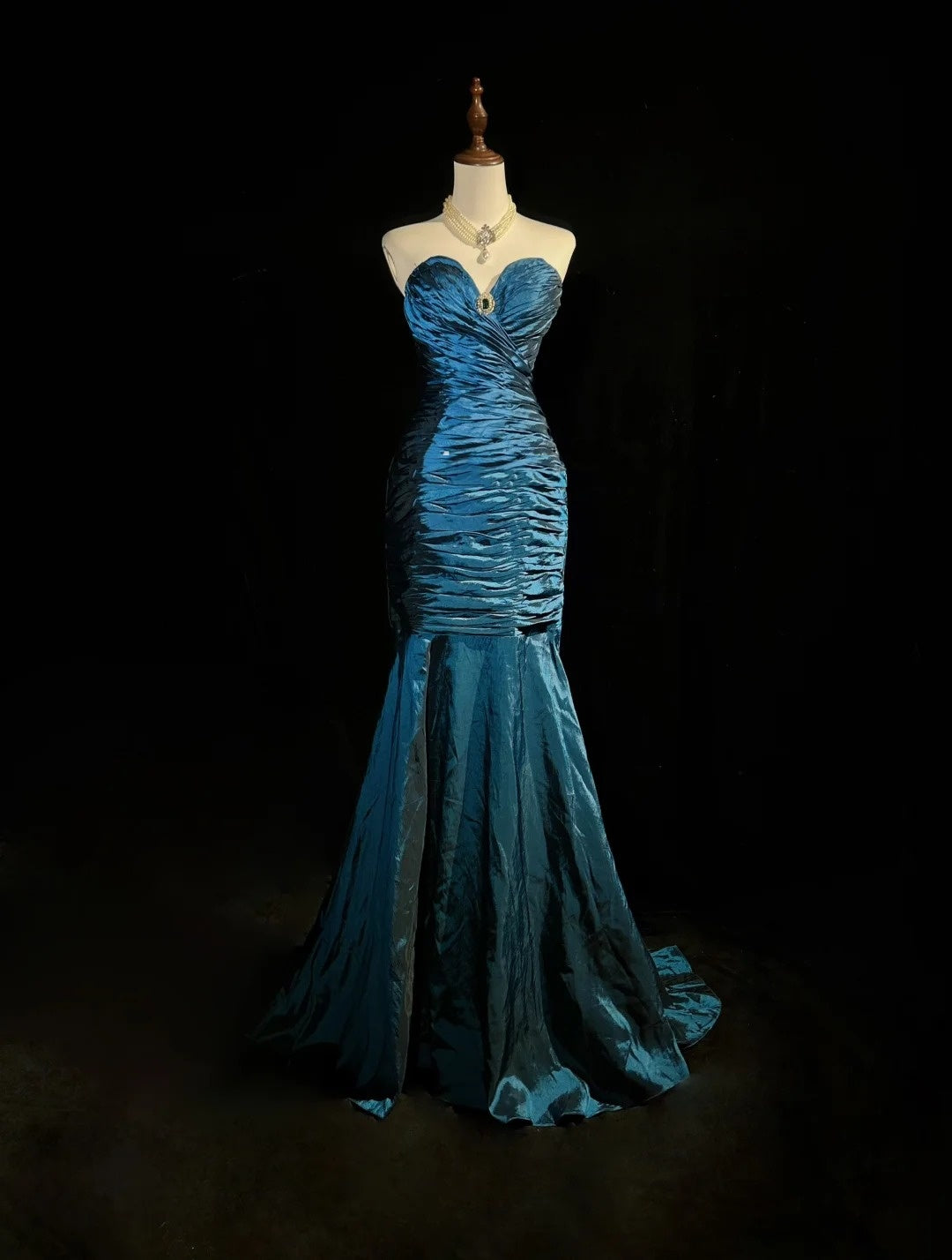 Vintage 1980er Jahre Ballkleider Meerjungfrau Sweetheart Marineblau Taft Langes Festliches Partykleid N2575