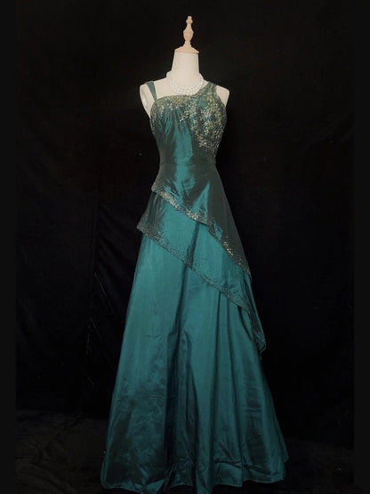 Idées de Robes de Bal Simples Robe de Soirée Longue Vert Foncé avec Bretelles Fines, Coupe Évasée et Cristaux Perlé N3410