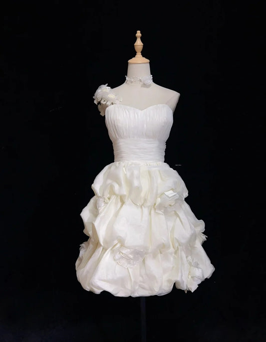 Timeless Wedding Dresses Sheath One Shoulder White Organza With Ruffled Short Bridal Gown N3005