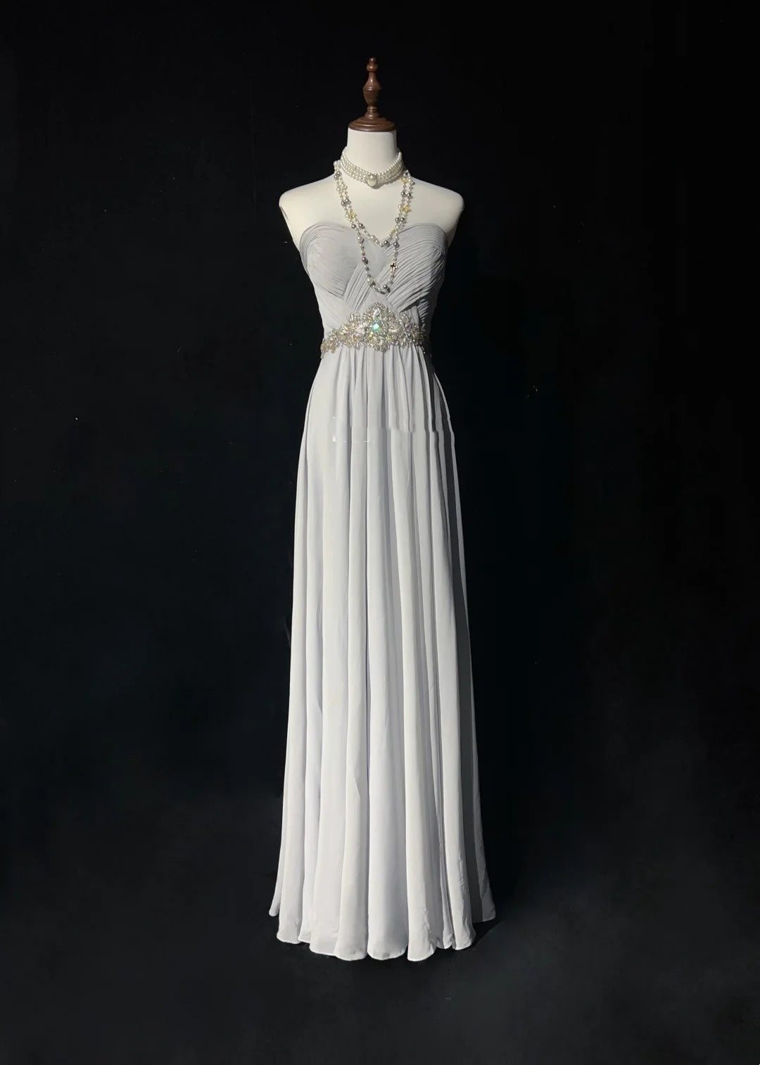 Robes de bal vintage en mousseline de soie grise sans bretelles coupe trapèze avec corsage perlé sans manches années 90 longue robe de soirée formelle N2636