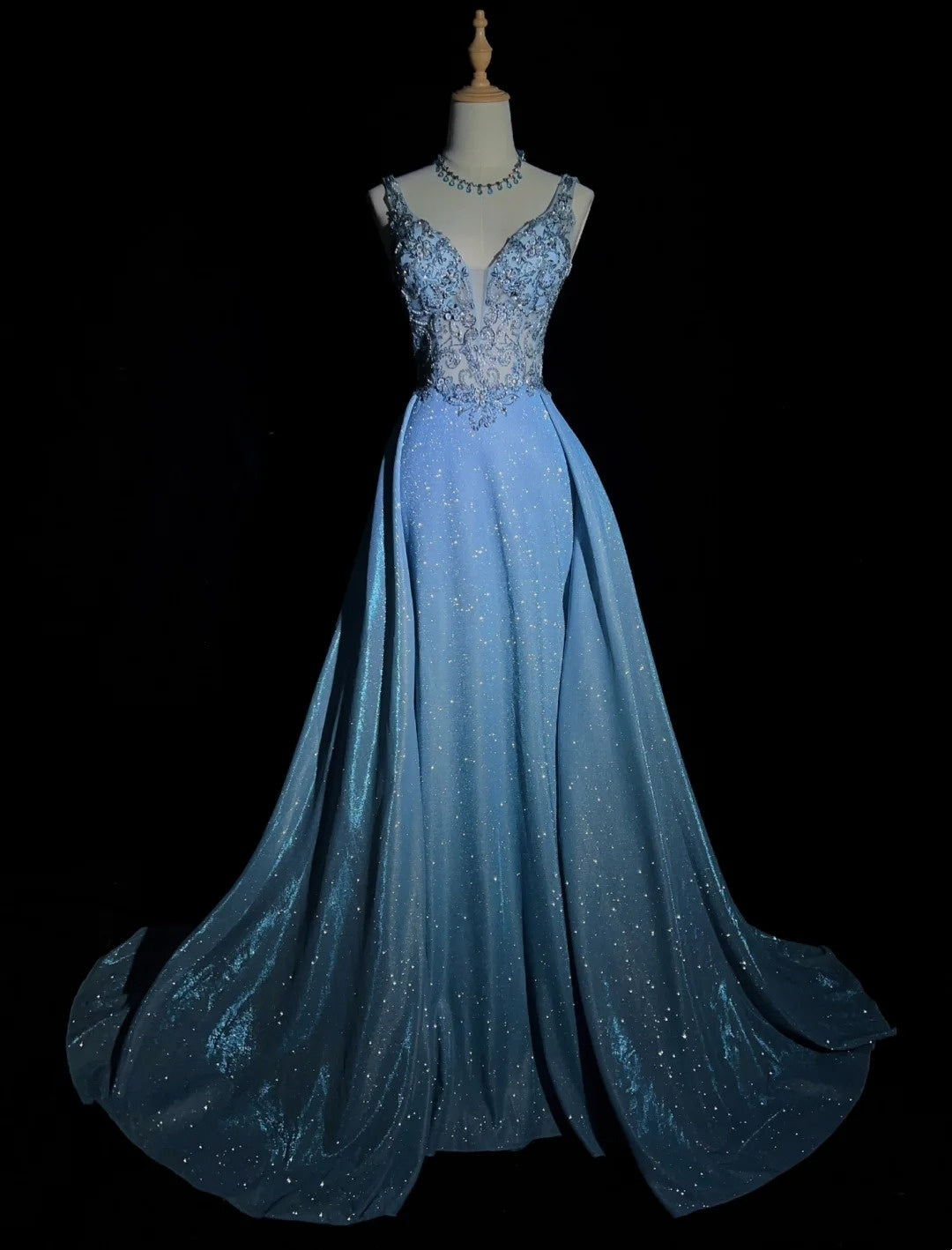 Elegante Abschlussballkleider Inspiration Meerjungfrauen-V-Ausschnitt-Träger Blau Pailletten mit Rüschen für Damen Formelles Kleid N3227