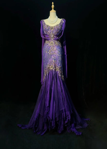 Vintage Prom Dresses 90s Mermaid Square Neck Purple Chiffon Long Lace With Beading Evening Formal Outfits RB5142