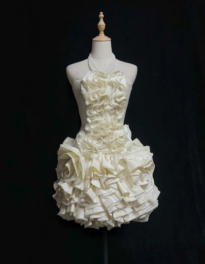 Timeless Wedding Dresses Sheath Strapless Beige Satin With Ruffled Short Bridal Gown N3004