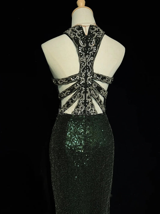 Sparkly Prom Dresses Inspo Mermaid 90s Jewel Neck Dark Green With Split For Women Formal Dress N3271