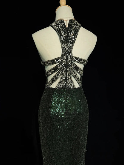 Glitzernde Abschlussballkleider Inspo Meerjungfrau 90er Rundhalsausschnitt Dunkelgrün mit Schlitz für Damen Abendkleid N3271