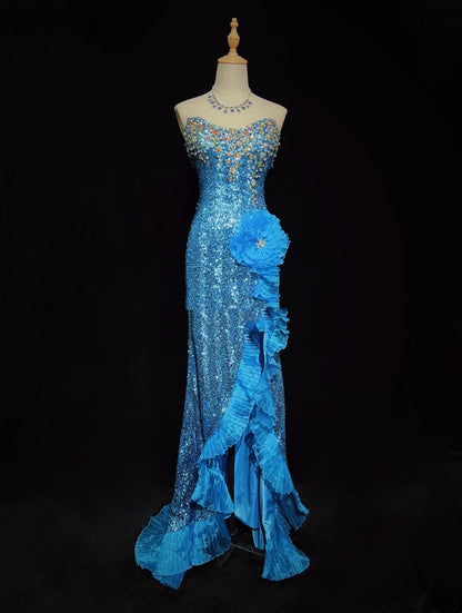Vintage Promkleider Inspo Meerjungfrau Sweetheart Royalblau Pailletten Lang 1990er Mit Perlen Abendkleider N3390