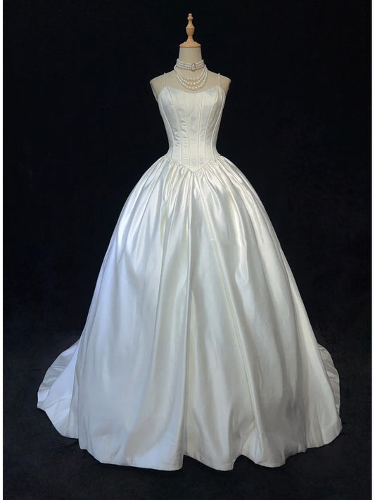Unique Wedding Dresses Ball Gown Spaghetti Strap White With Ruffled Pearls Long Bridal Gown N3629
