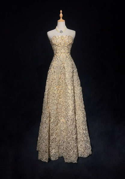 Robes de bal vintage en dentelle dorée sans bretelles sans manches des années 1990, longue robe de soirée formelle N2639