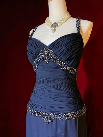 Bescheidene Ballkleider Inspo A-Linie Spaghettiträger Marineblau mit Perlenbesatz für Damen Abendkleid N3262
