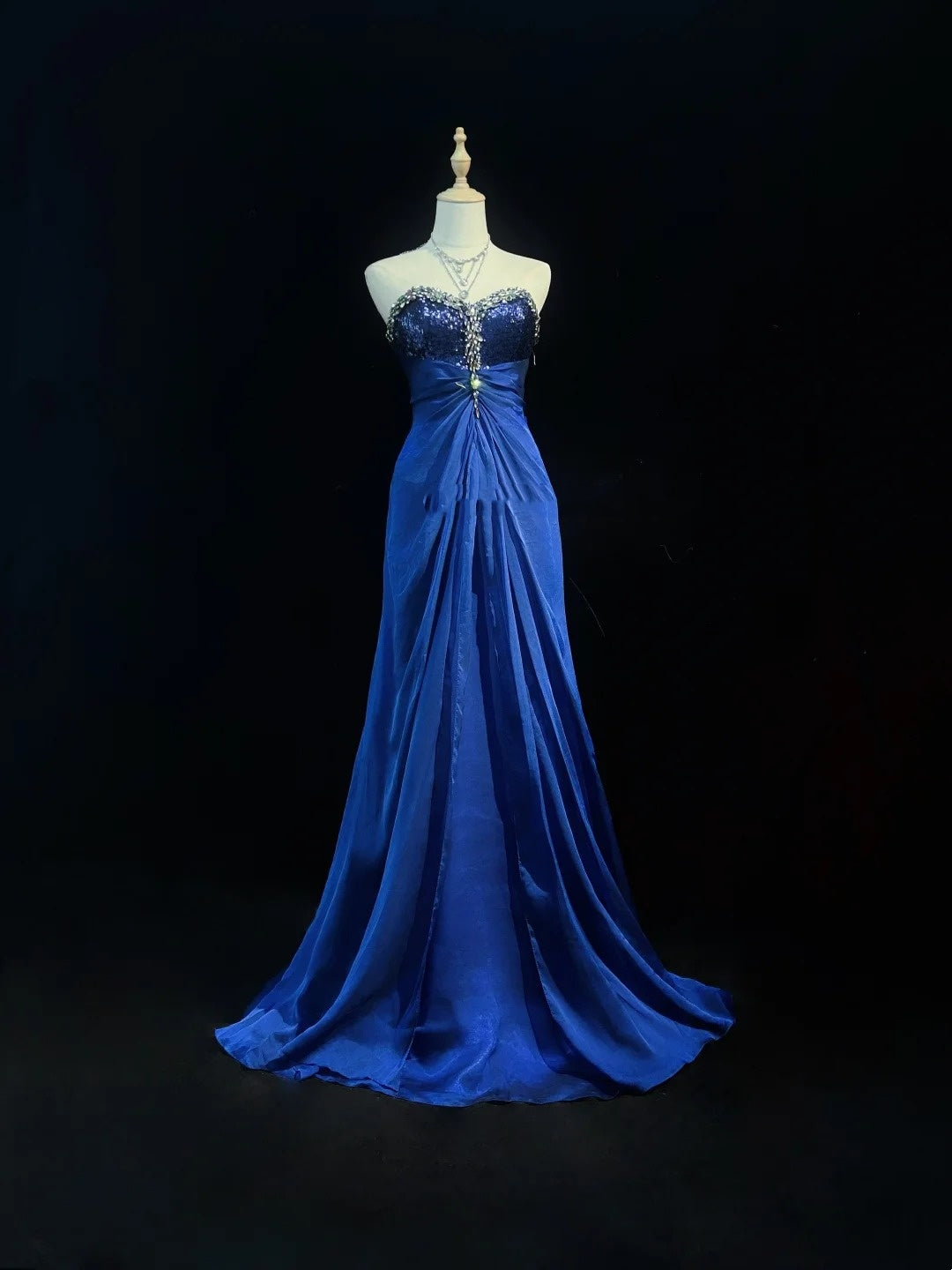 Vintage Ballkleider 1960er Meerjungfrau-Ausschnitt Königsblau Chiffon mit Perlen Langes Ballkleid N3115