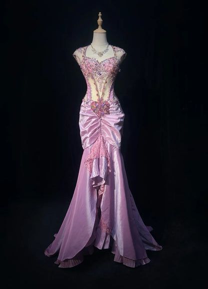 Vintage Prom Dresses Mermaid Sweetheart Lilac Lace Satin With Beading 80s Long Formal Evening Outfits N3883