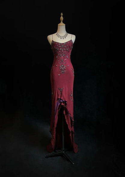 Robes de bal uniques, coupe asymétrique, bretelles fines, bordeaux, sans manches, avec perles, robe de soirée semi-formelle N3794