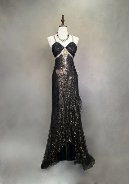 Vintage Abschlussballkleider Meerjungfrau Neckholder Schwarz Pailletten 70er Jahre mit Perlen Bestickt Rückenfrei Langes Abendkleid N2518