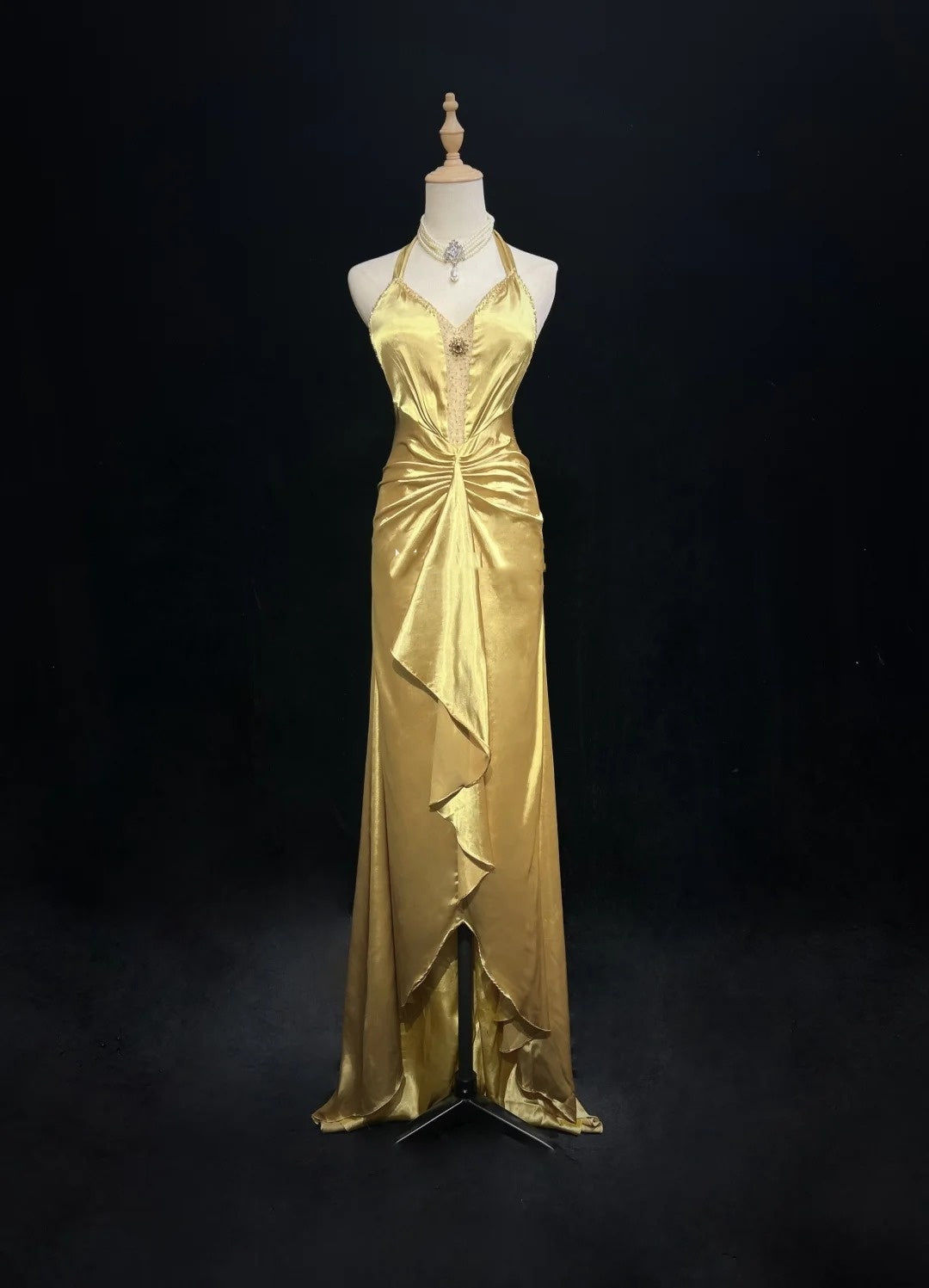 Vintage High Low 2000er A-Linie Neckholder Gold Mit Falten Formales Kleid Lange Ballkleider N2585