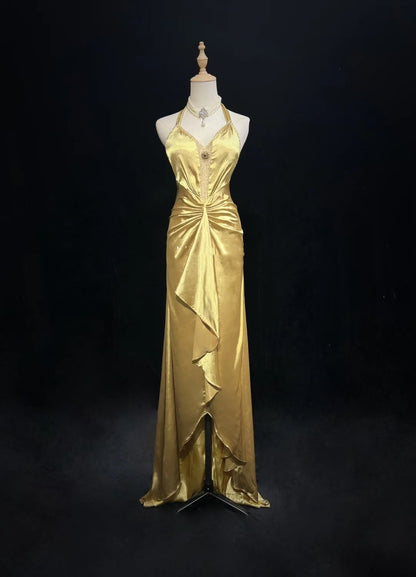 Vintage High Low 2000er A-Linie Neckholder Gold Mit Falten Formales Kleid Lange Ballkleider N2585
