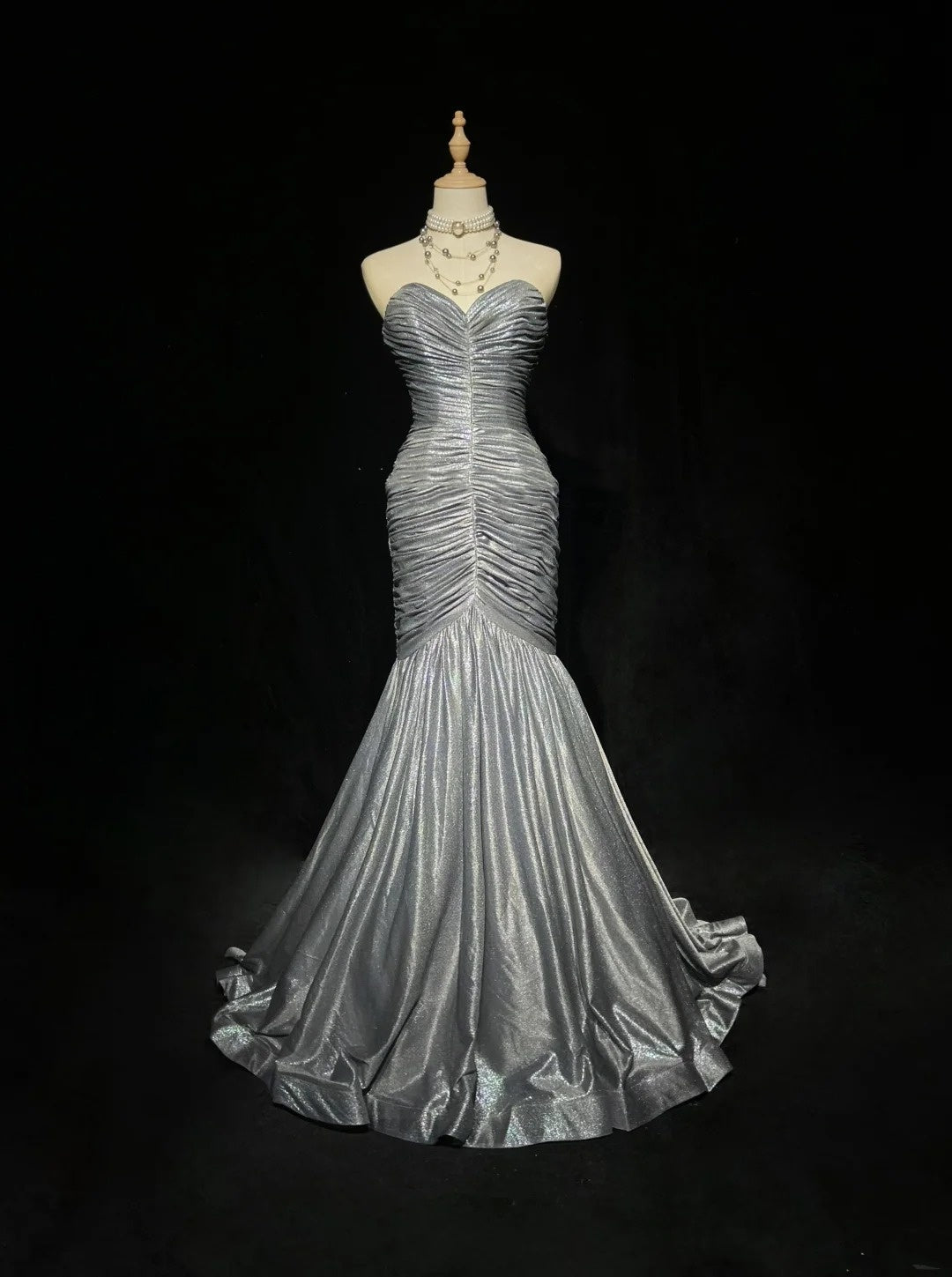 Vintage 1980s Prom Dresses Mermaid Sweetheart Silver Grey Floor Length Long Formal Party Dress N2536