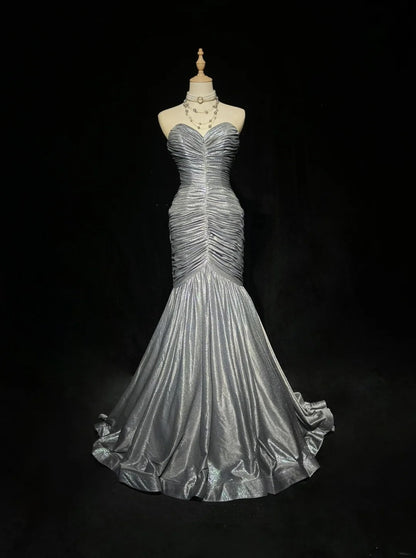 Vintage 1980s Prom Dresses Mermaid Sweetheart Silver Grey Floor Length Long Formal Party Dress N2536