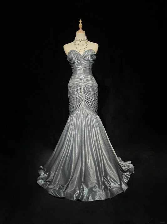Vintage 1980s Prom Dresses Mermaid Sweetheart Silver Grey Floor Length Long Formal Party Dress N2536