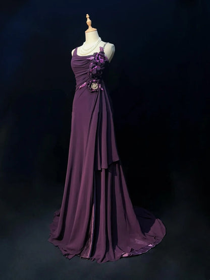 Elegante Ballkleider A-Linie Lila Chiffon Rüschen Bodenlang Formelle Abendoutfits N3488