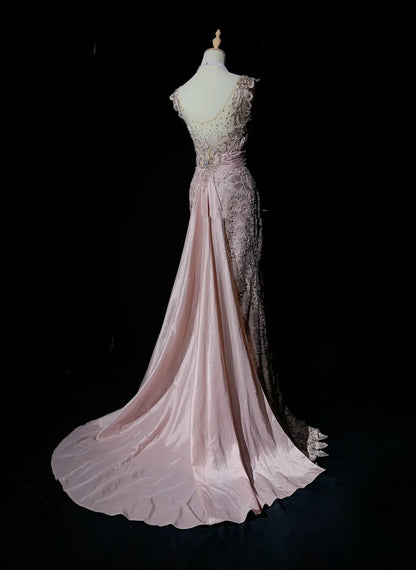 Vintage Abschlussballkleider 1960er Jahre Meerjungfrau V-Ausschnitt Rosa Spitze mit appliziertem perlenbesetztem langen Abschlussballkleid N3107