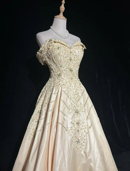 Robes de bal vintage des années 80, robe de soirée, épaules dénudées, couleur champagne avec perles, tenues de soirée N3468