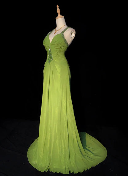 Robes de bal modestes sirène licou vert olive avec perles longues tenues de soirée N3457