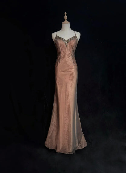 Vintage-Abendkleider Meerjungfrau Spaghetti-Träger Braun Ärmellose Chiffon 80er Jahre Langes Formelles Kleid N2860