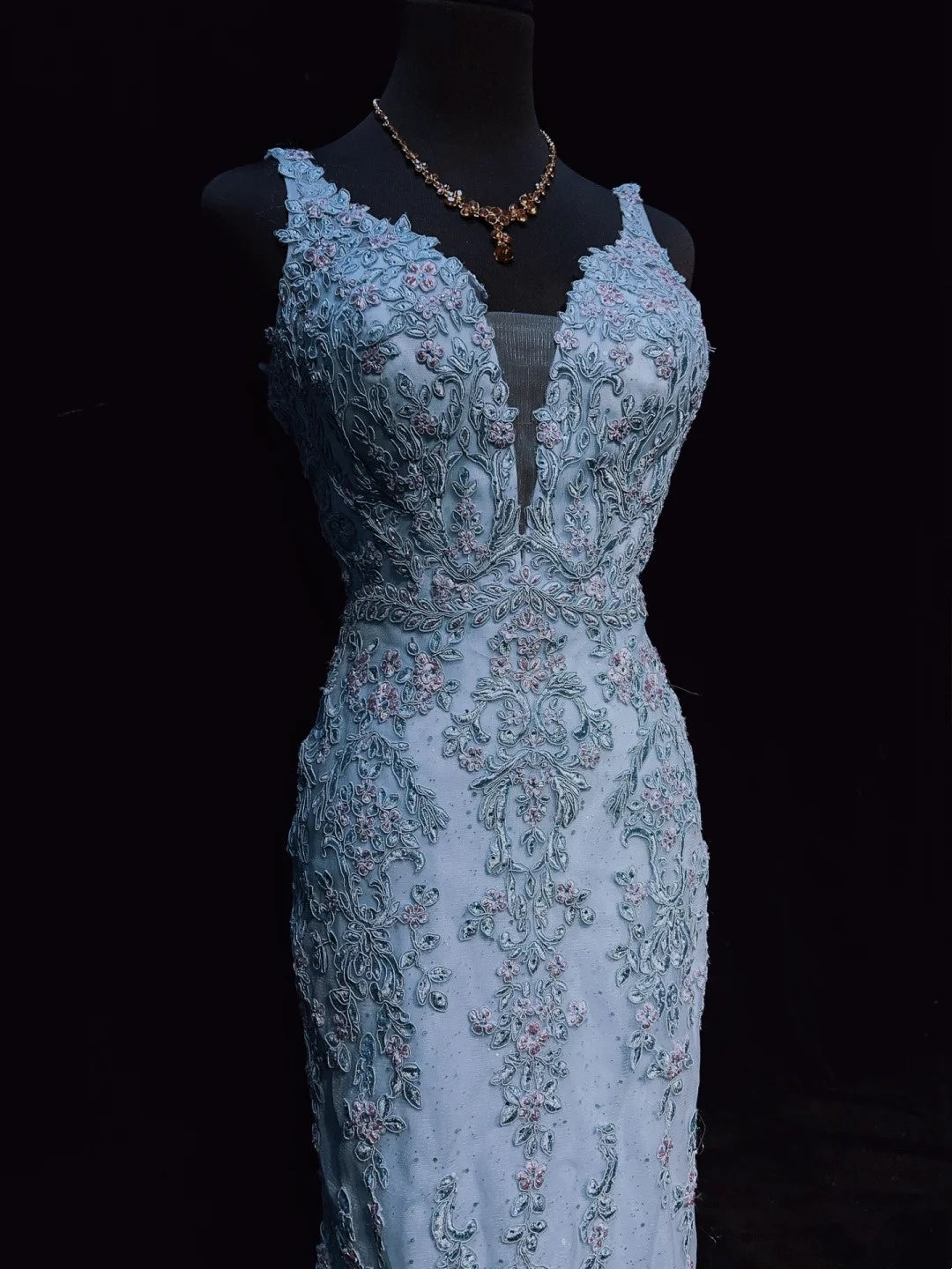 Vintage Abschlussballkleider Inspo Meerjungfrau V-Ausschnitt Hellblau Lang 1990er Mit Spitzenapplikationen Formelle Kleider N3359