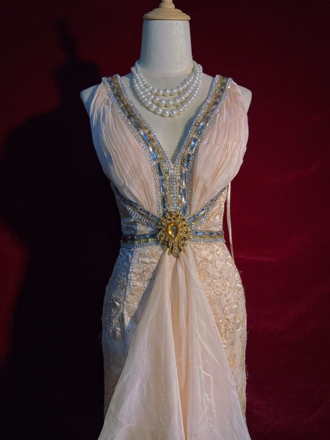 Vintage Prom Dresses 90er Meerjungfrau V-Ausschnitt Champagner Spitze Lange Semi-Formelle Abendkleider N3652