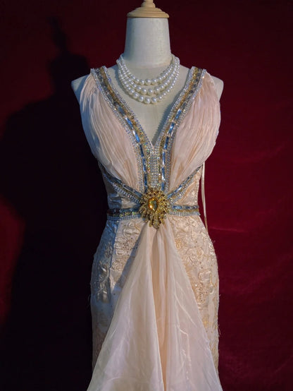 Vintage Prom Dresses 90er Meerjungfrau V-Ausschnitt Champagner Spitze Lange Semi-Formelle Abendkleider N3652