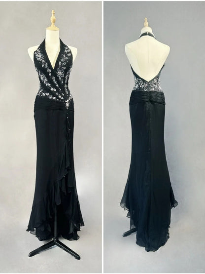 Bescheidene Abschlussballkleider Meerjungfrau Neckholder Schwarze Krawatte Chiffon mit Perlen Abendkleid N3858