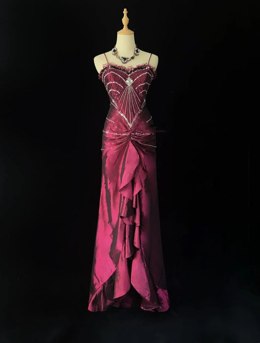 Vintage Prom Dresses Mermaid Spaghetti Strap Grape With Beading Taffeta 90s Long Formal Gown N2886