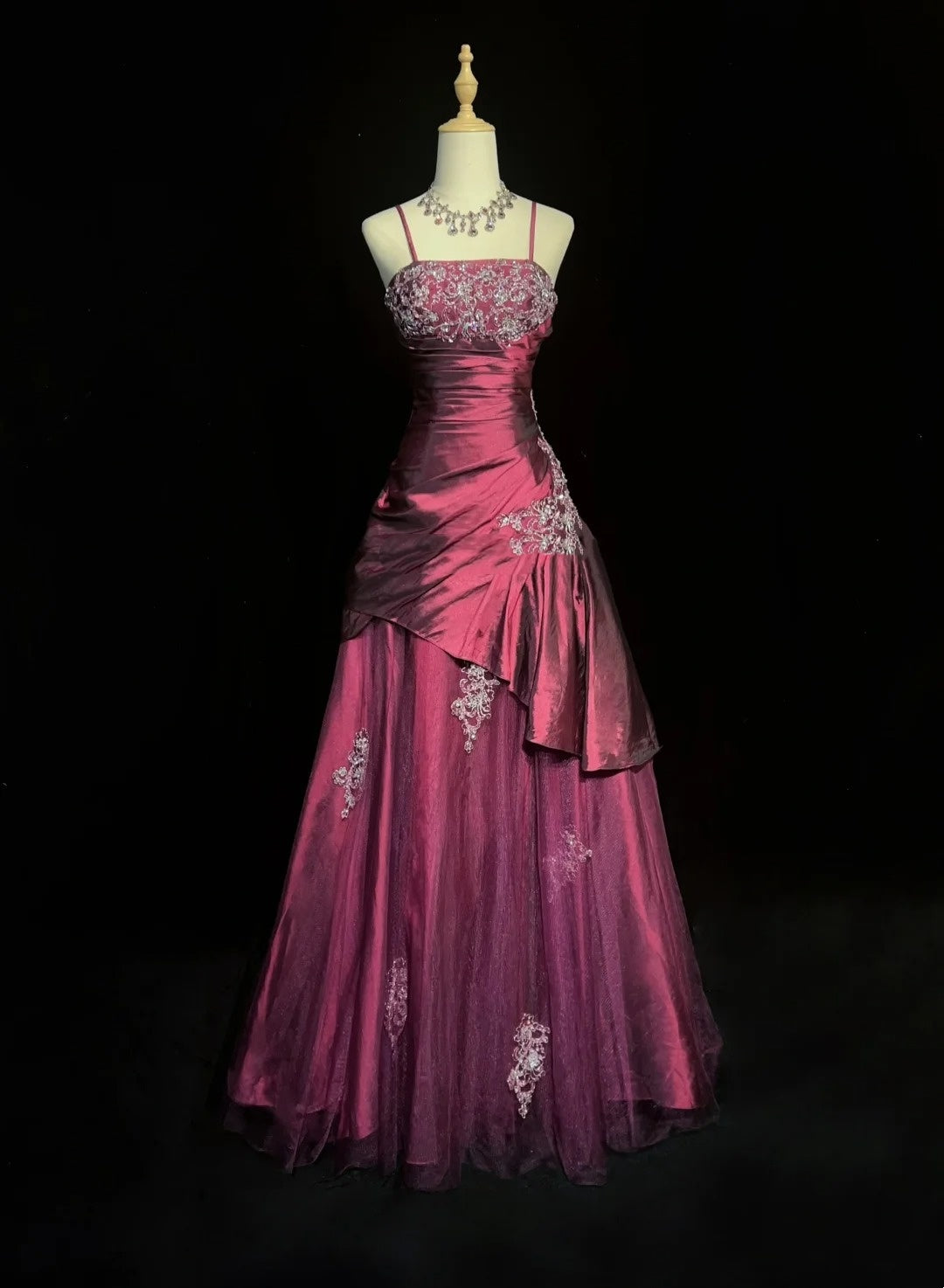Vintage Abschlussballkleider Ballkleid Spaghettiträger Fuchsia Ärmellos Taft 90er Langes Abendkleid N2878