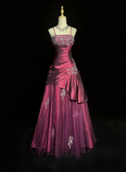 Vintage Abschlussballkleider Ballkleid Spaghettiträger Fuchsia Ärmellos Taft 90er Langes Abendkleid N2878