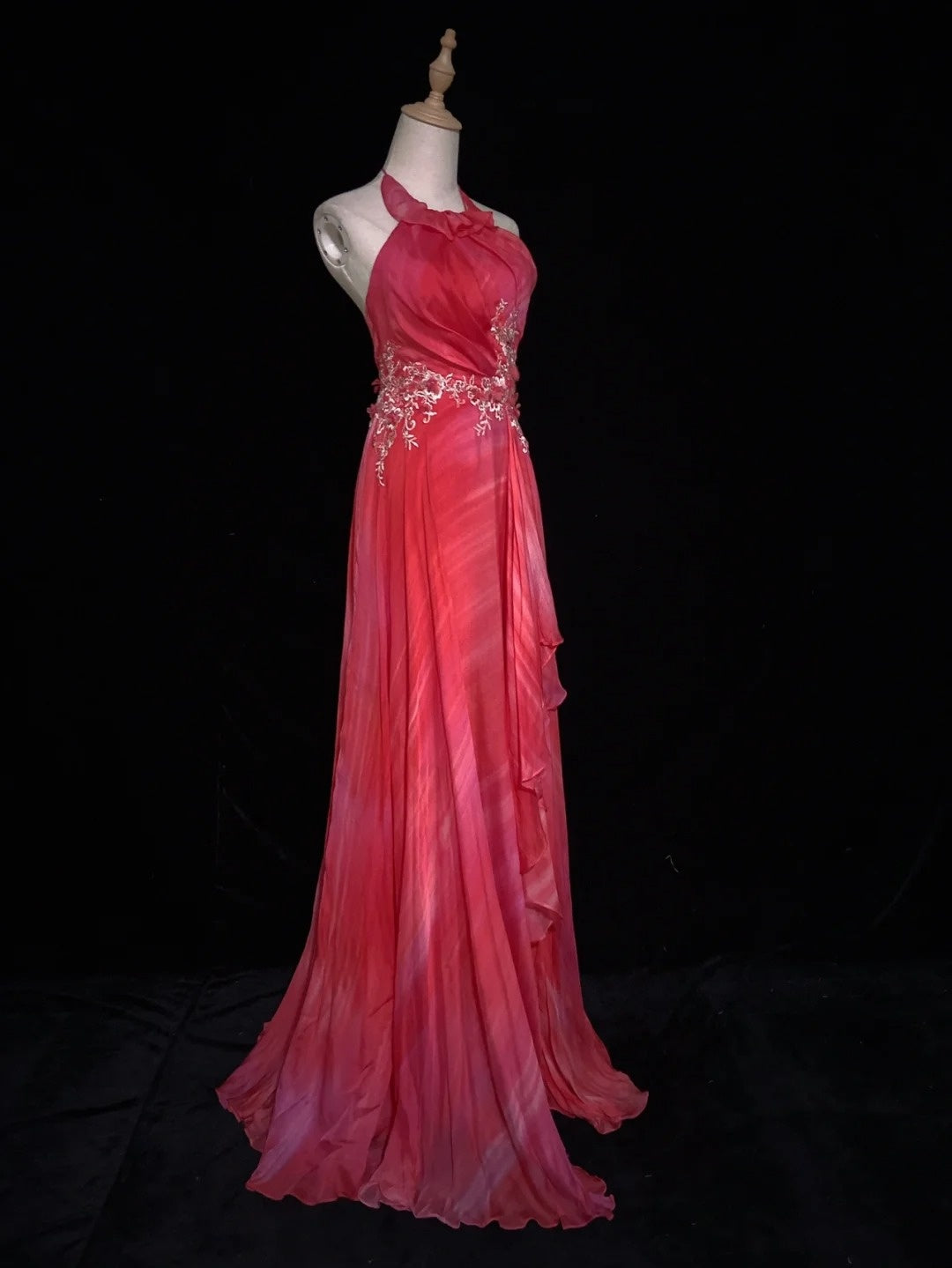 Vintage Abschlussballkleider A-Linie Neckholder Hot Pink Chiffon mit Applikationen Formelle Abendkleider N3855