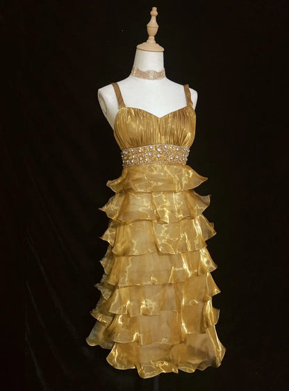 Niedliches A-Linien Spaghettiträger Gold Knielanges Ballkleid zum 16. Geburtstag Homecoming Outfits N3650