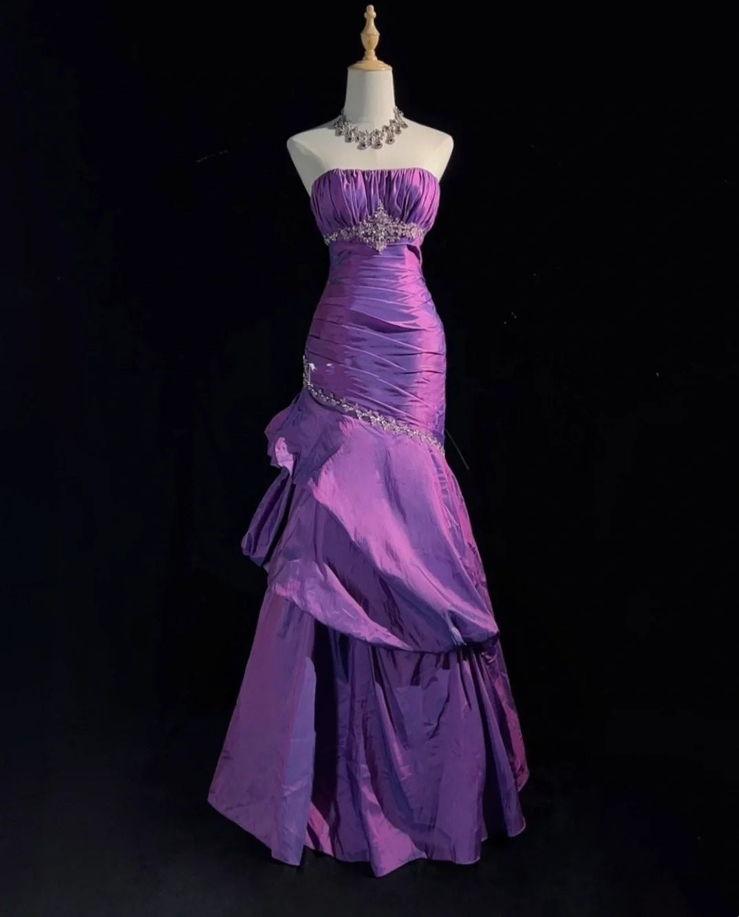 Robes de bal vintage sirène bustier en taffetas violet avec perles, longue robe de soirée années 80 N2625