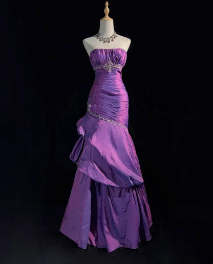 Robes de bal vintage sirène bustier en taffetas violet avec perles, longue robe de soirée années 80 N2625