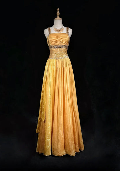 Elegantes A-Linien-Kleid, eckiger Ausschnitt, gelb mit Perlenstickerei, 18. Geburtstag, elegantes Outfit, formelle Ballkleider N4198